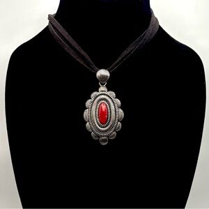 Studio Barse Natural Red Coral Southwestern Style Black Leather Cord Necklace